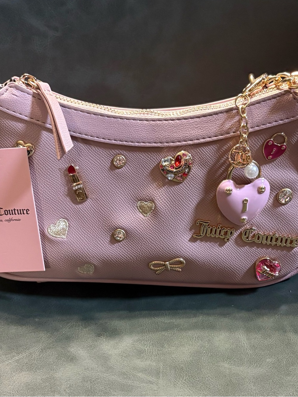New!!  Juicy Couture Light Pink Embellished Heart Charm Shoulder Bag